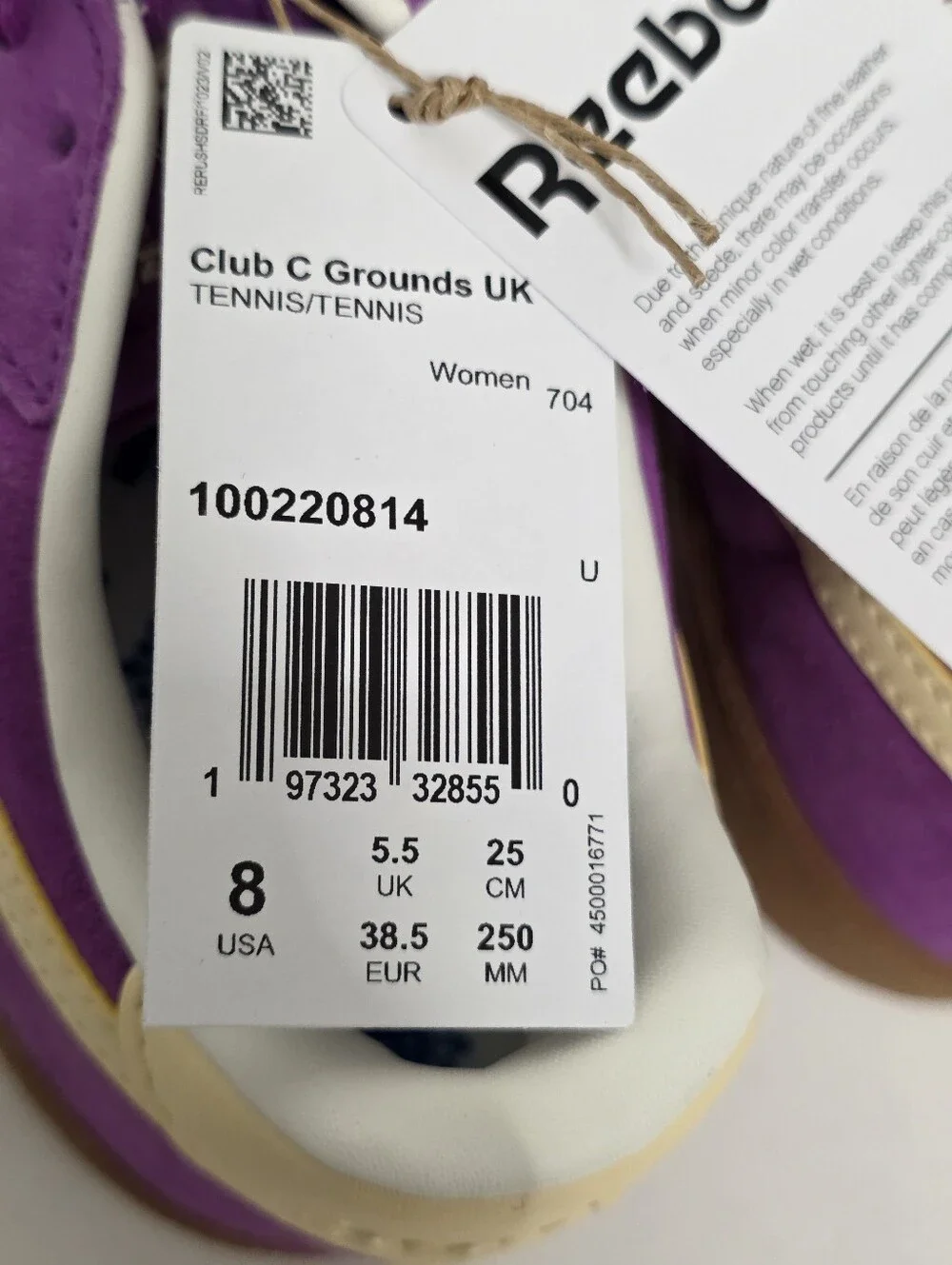 NWT Women's Reebok Club C Grounds UK in color Purple Rave/Chalk/Bleached Yellow.